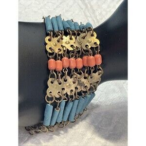 Vintage Egyptian Revival Decorative Faience Bracelet Turquoise Coral 1920-1940’s